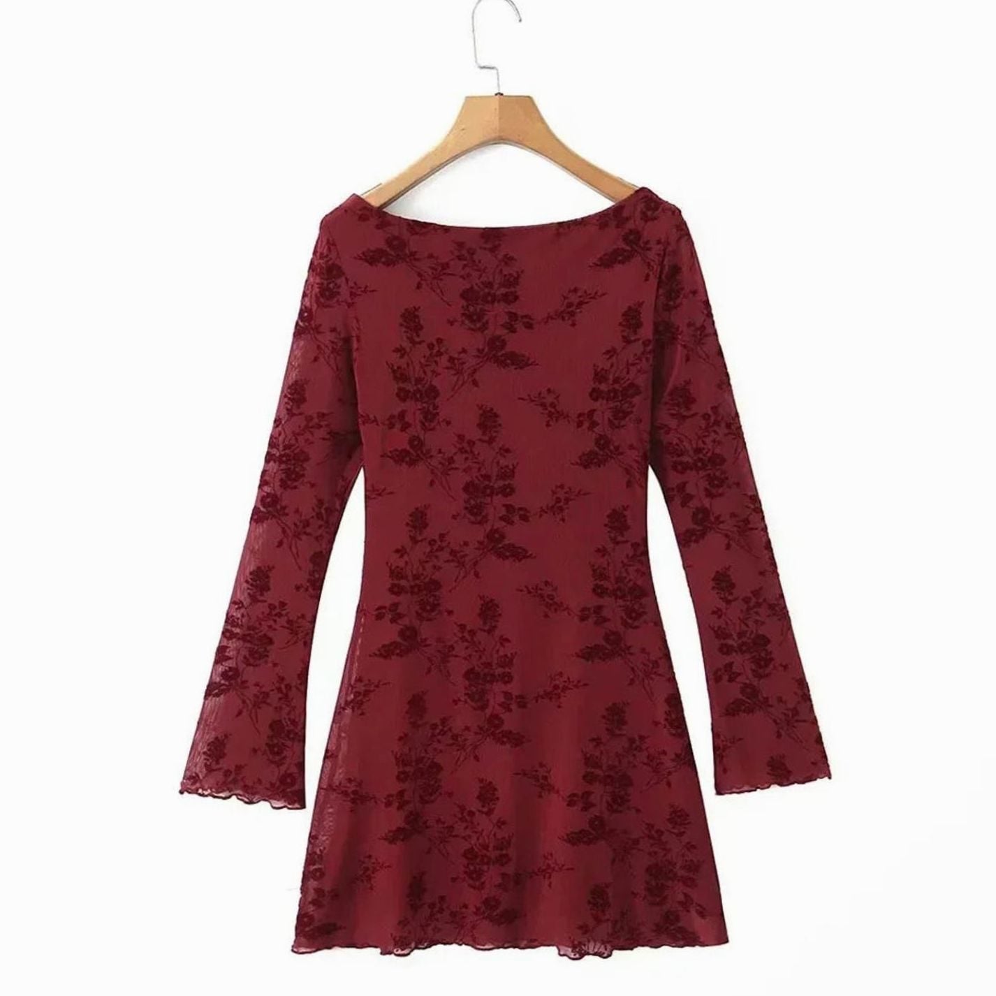 Women's Burgundy Floral Lace Long Sleeve Mini Wedding Guest Dress