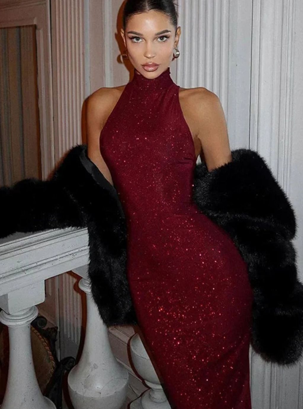 Women's Burgundy Sequin Halter-Neck Fitted Maxi Evening Dress