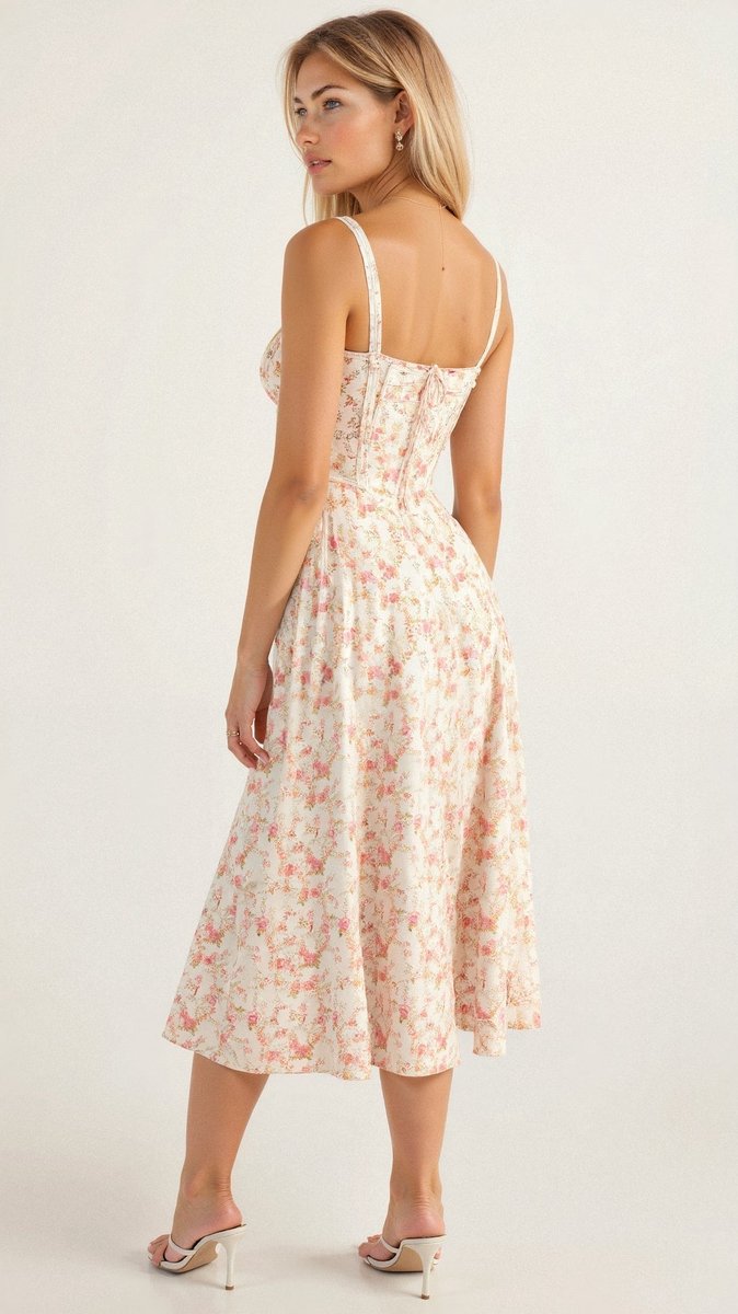 Women's Bustier Midi Floral Summer Dress Corset Waist Side Slit