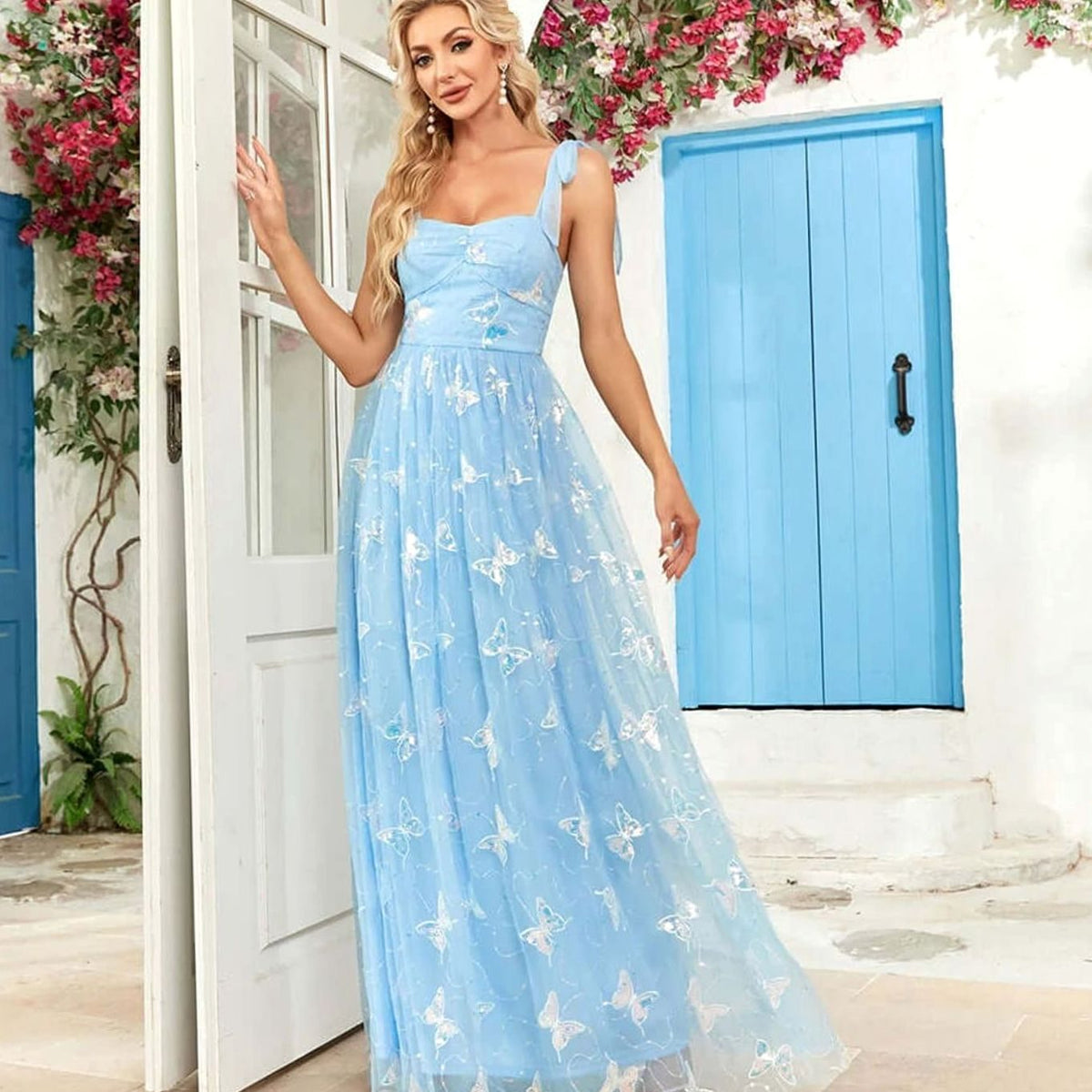 Women's Butterfly Embroidered Tulle A-Line Formal Maxi Dress II - Blue