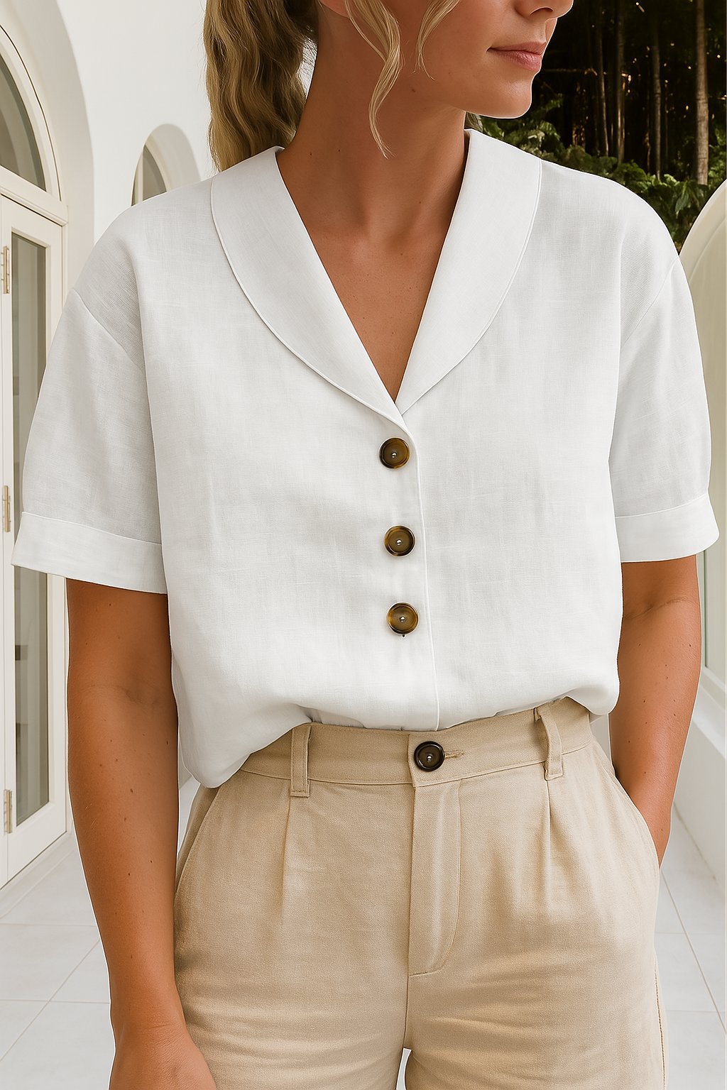 Women's Button Front Blouse V-Neck Short Sleeve - White