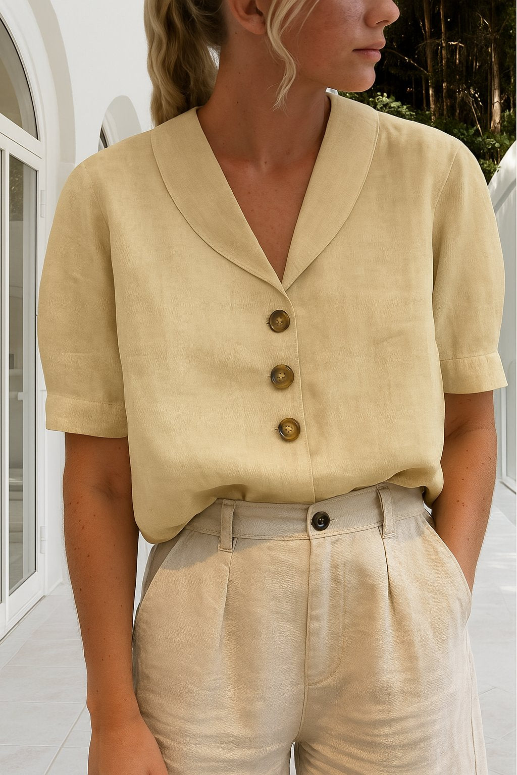 Women's Button Front Blouse V-Neck Short Sleeve - Beige