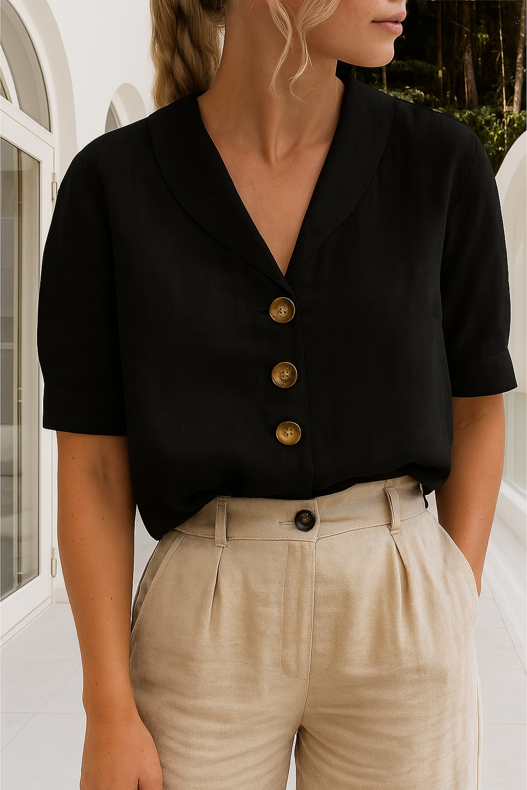 Women's Button Front Blouse V-Neck Short Sleeve - Black