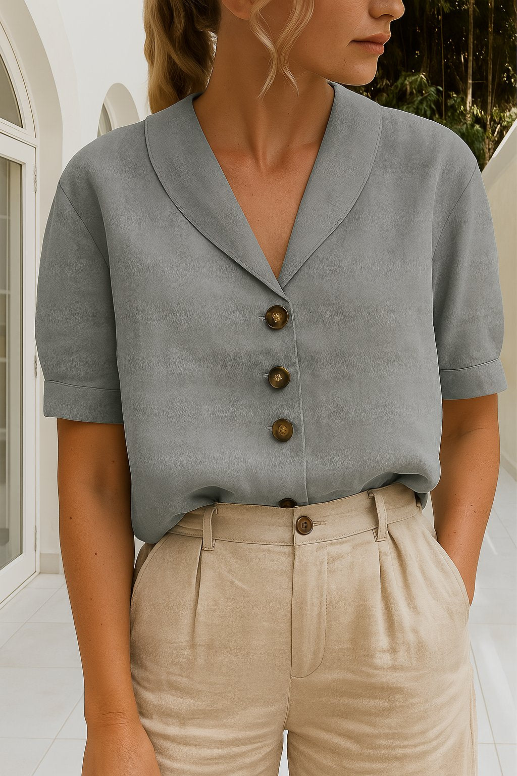 Women's Button Front Blouse V-Neck Short Sleeve - Grey