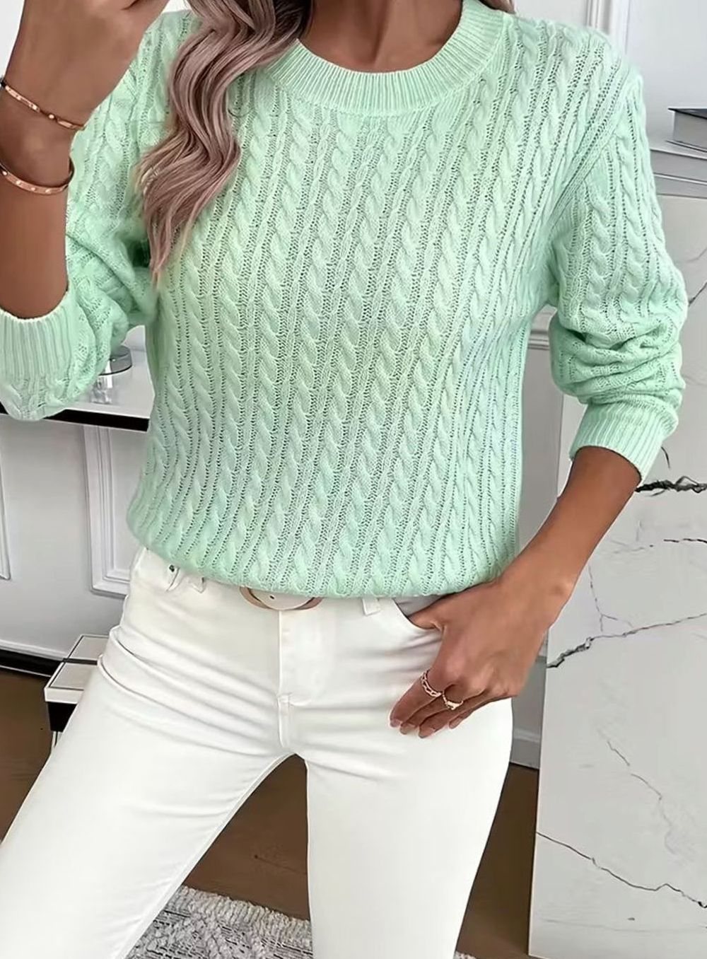 Women's Cable-Knit Crew-Neck Lightweight Sweater Pullover - Green