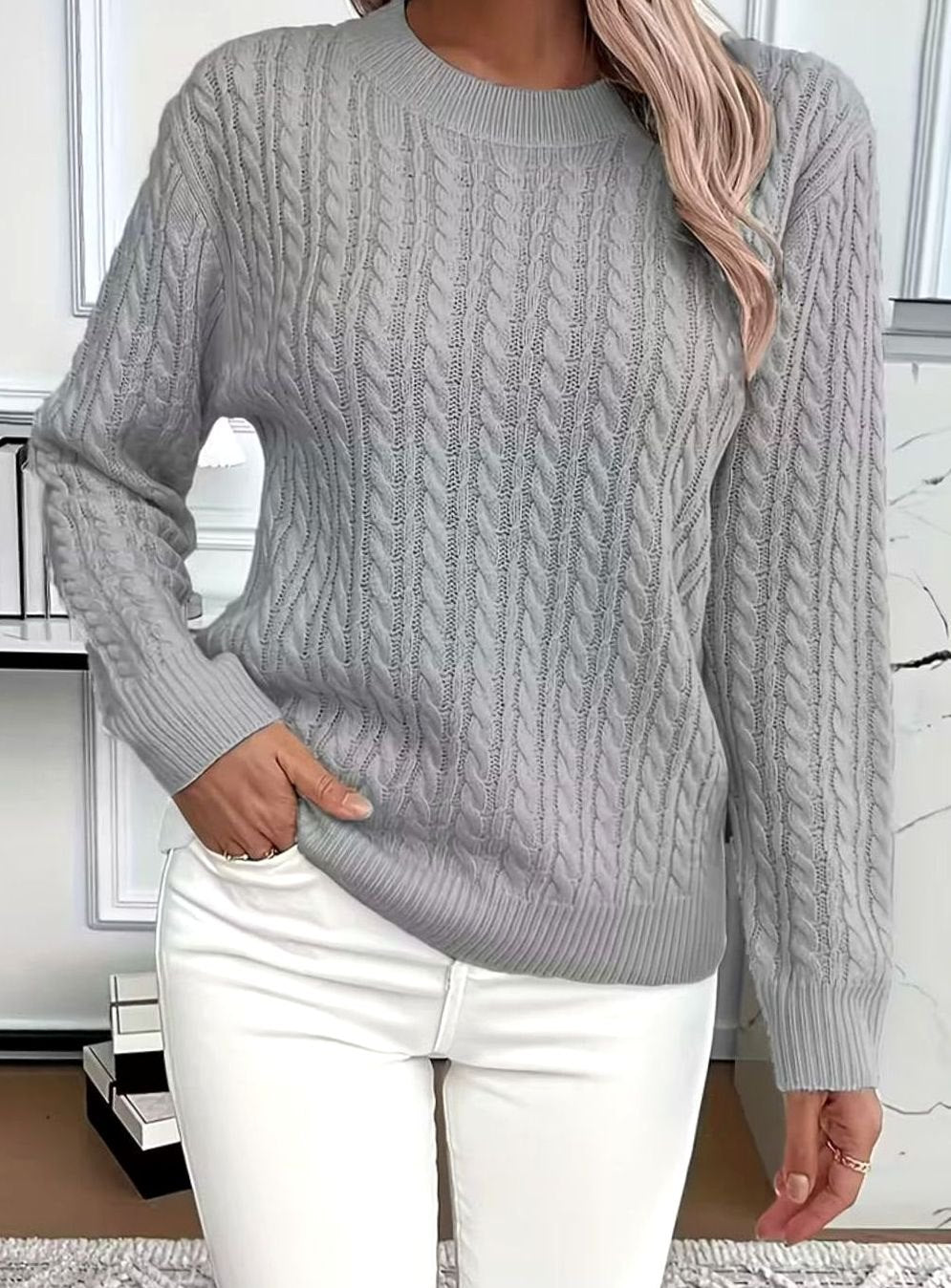 Women's Cable-Knit Crew-Neck Lightweight Sweater Pullover - Grey