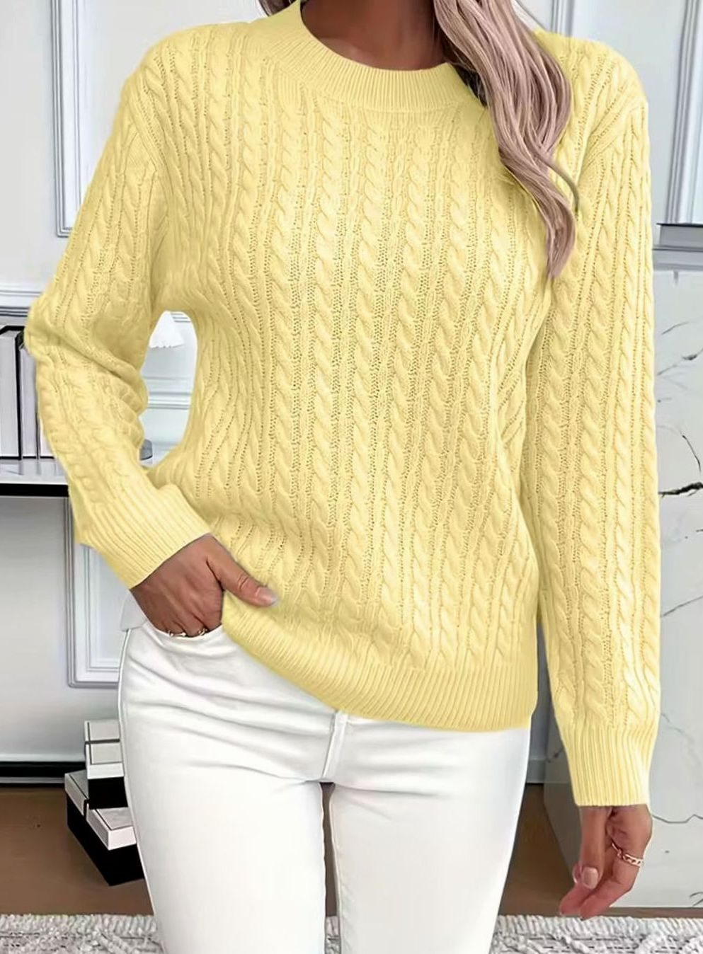 Women's Cable-Knit Crew-Neck Lightweight Sweater Pullover - Yellow
