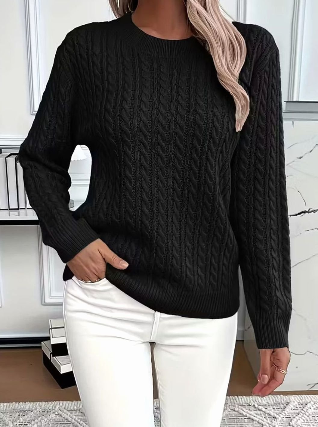 Women's Cable-Knit Crew-Neck Lightweight Sweater Pullover - Black
