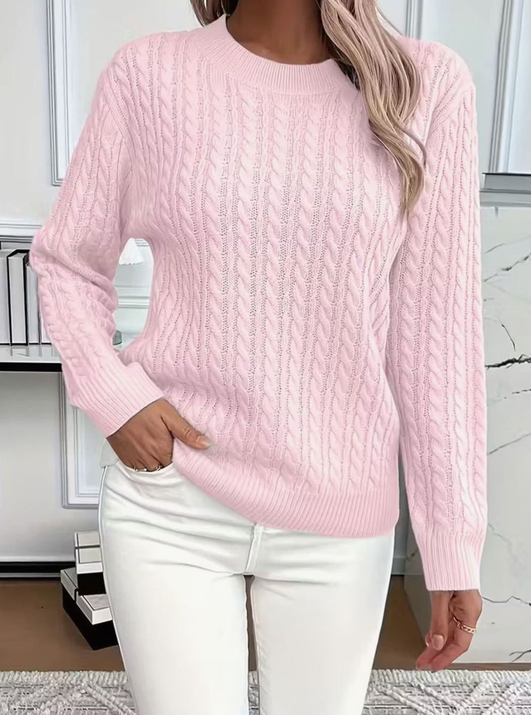 Women's Cable-Knit Crew-Neck Lightweight Sweater Pullover - Pink