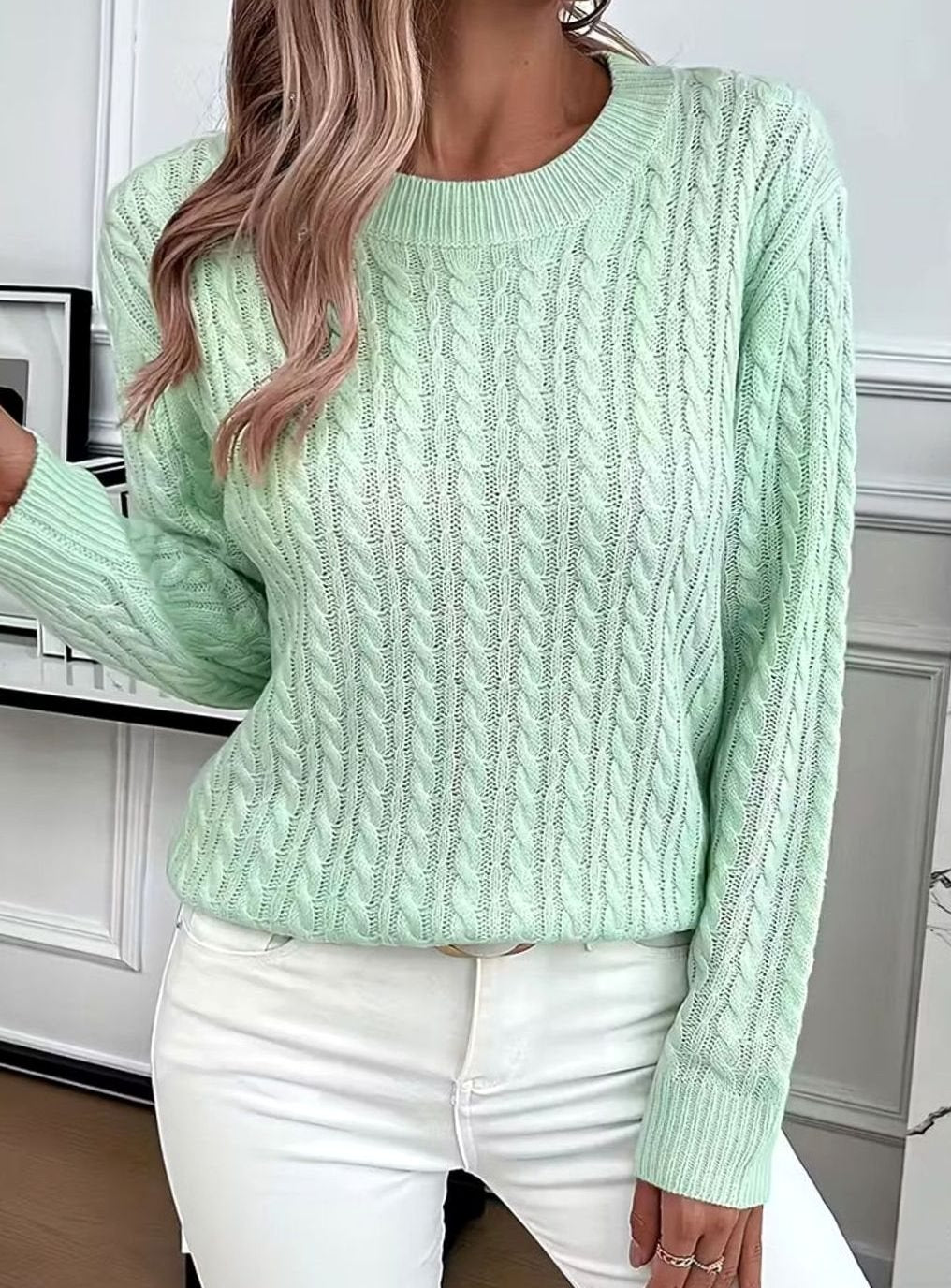 Women's Cable-Knit Crew-Neck Lightweight Sweater Pullover