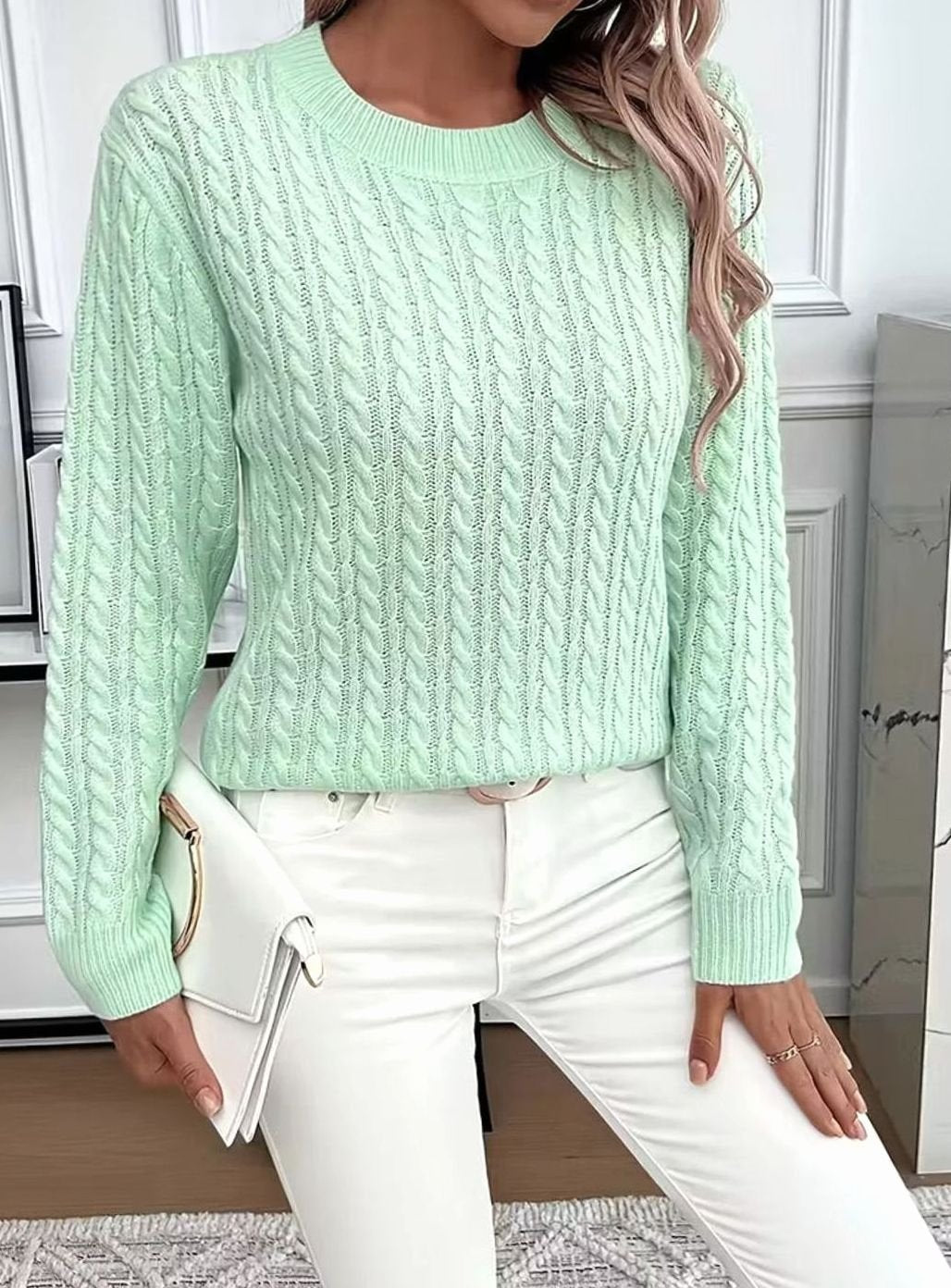 Women's Cable-Knit Crew-Neck Lightweight Sweater Pullover