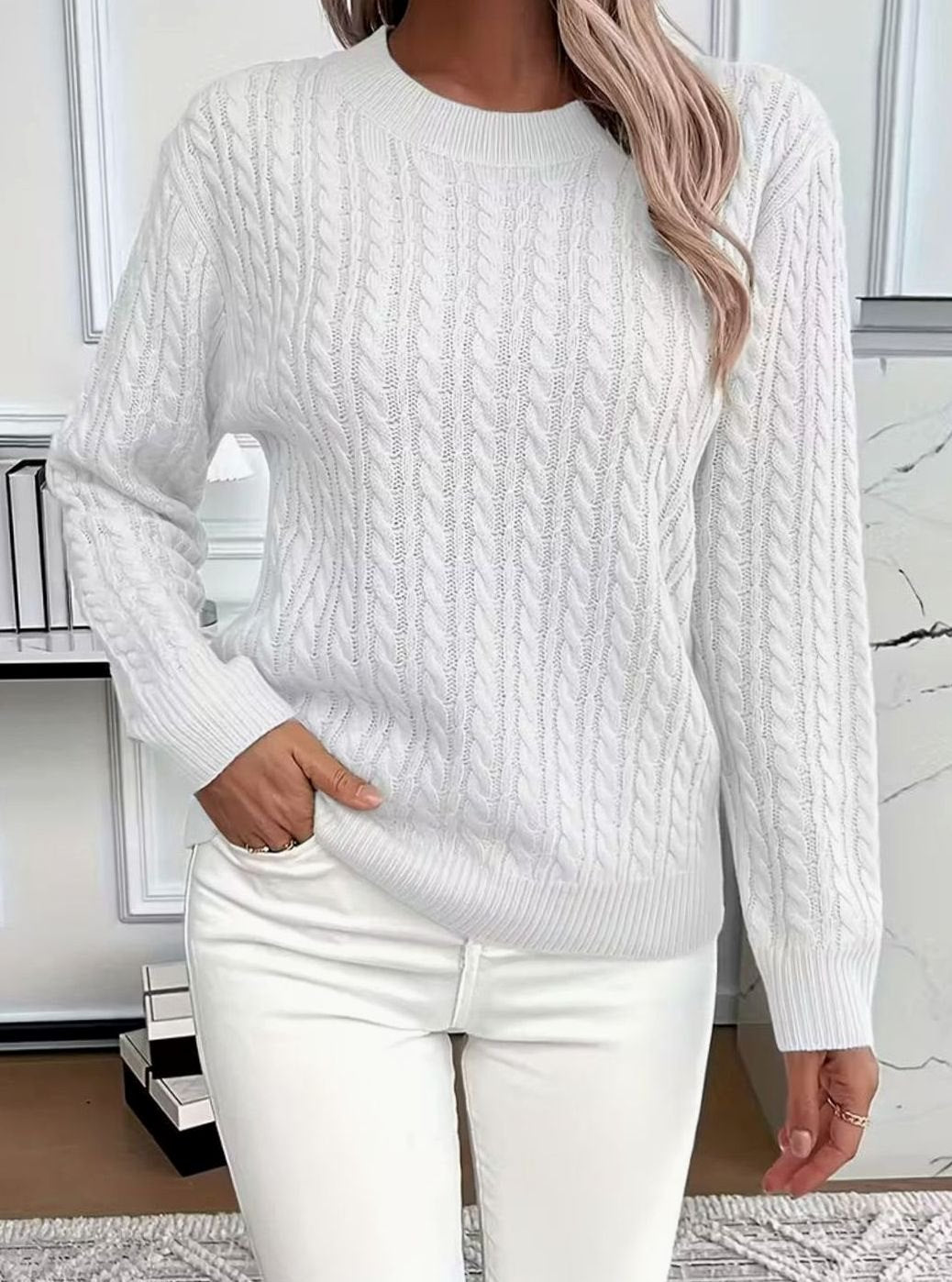 Women's Cable-Knit Crew-Neck Lightweight Sweater Pullover - White