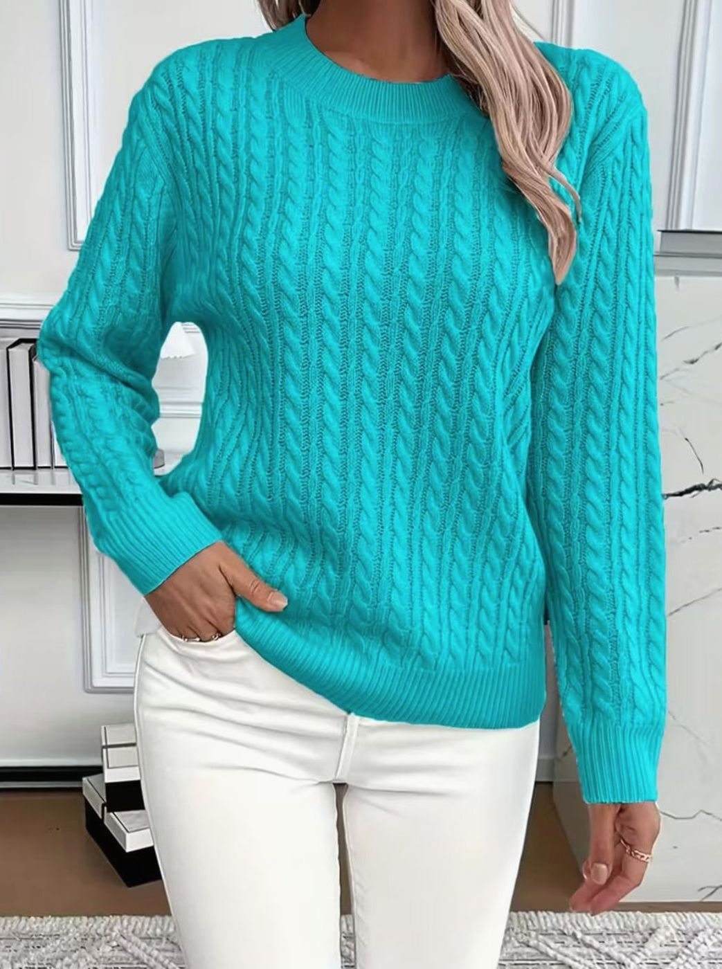 Women's Cable-Knit Crew-Neck Lightweight Sweater Pullover - Blue