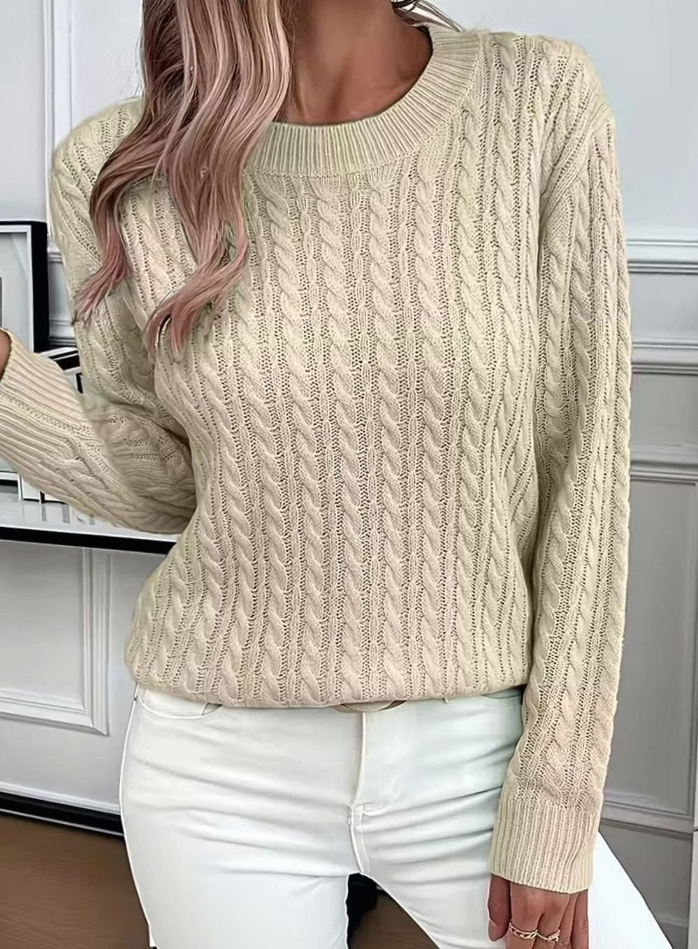 Women's Cable-Knit Crew-Neck Lightweight Sweater Pullover - Khaki