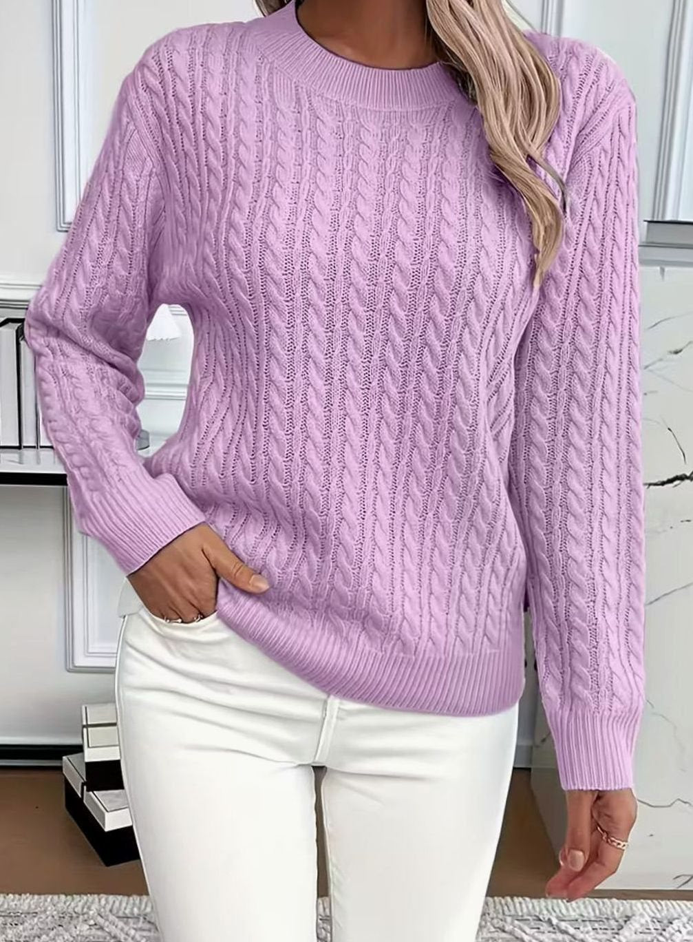 Women's Cable-Knit Crew-Neck Lightweight Sweater Pullover - Purple