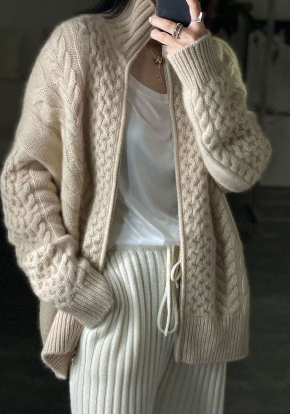 Women's Cable Knit Zip-Up High-Neck Oversized Cardigan
