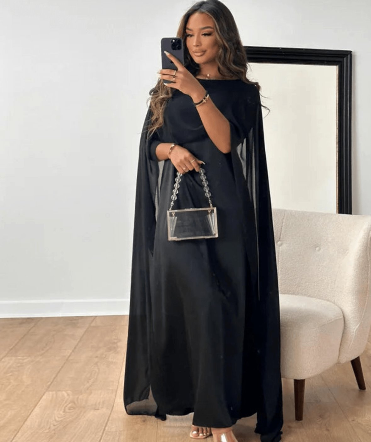 Women's Cape-Overlay Boat-Neck Floor-Length Evening Maxi Dress - Black