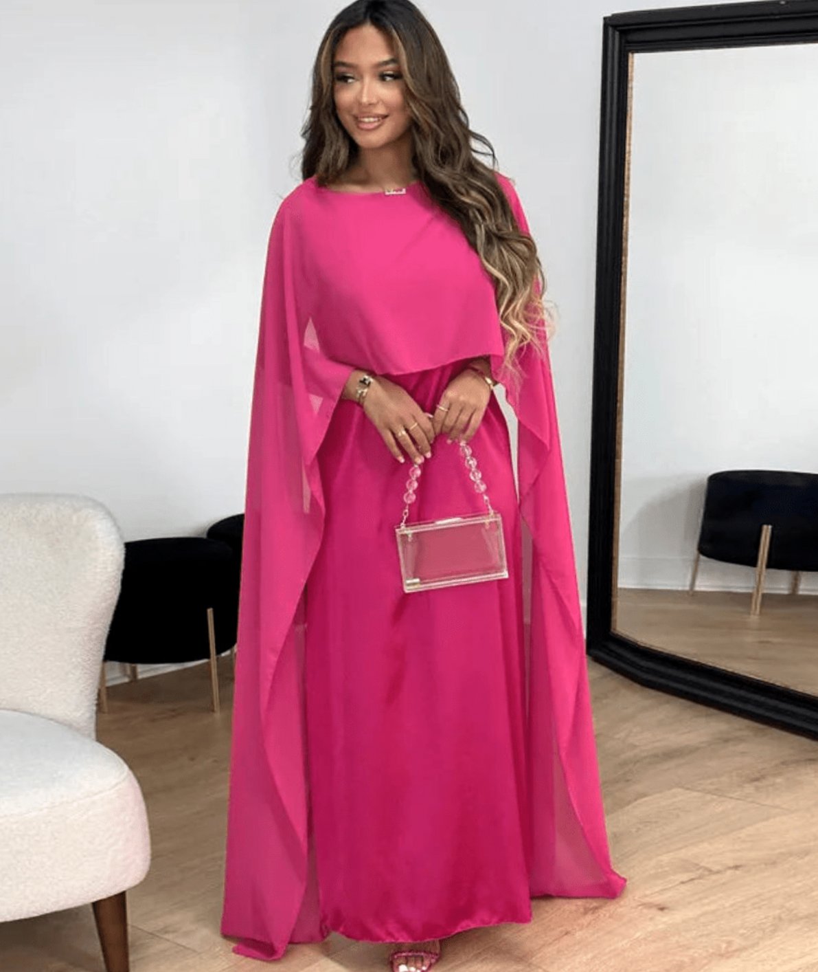 Women's Cape-Overlay Boat-Neck Floor-Length Evening Maxi Dress - Pink