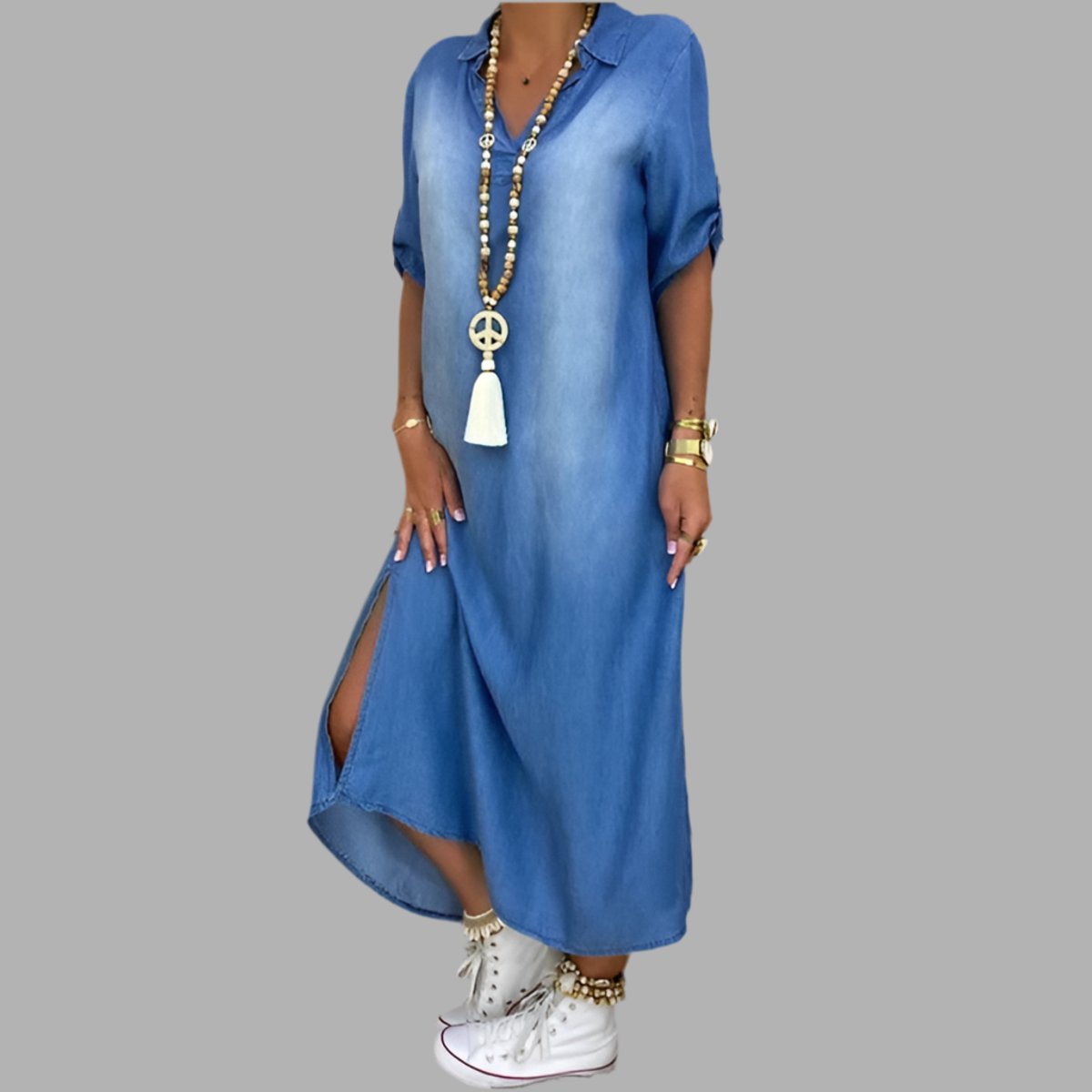 Women's Casual Relaxed-Fit Side-Split Denim V Neck Dress