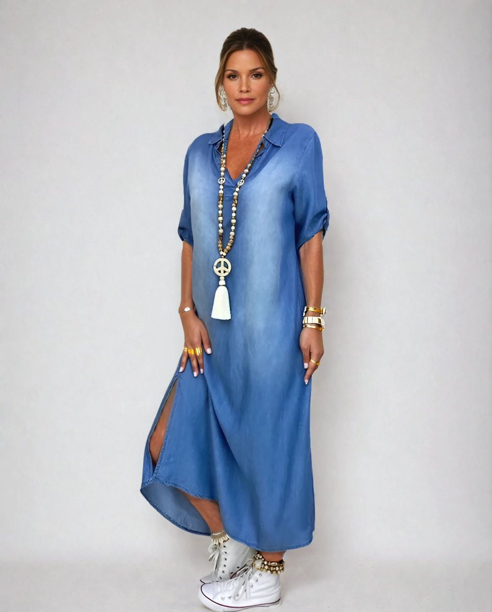 Women's Casual Relaxed-Fit Side-Split Denim V Neck Dress