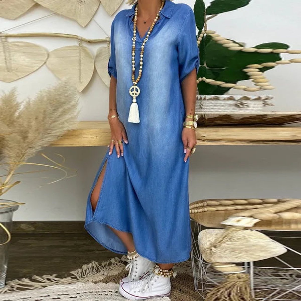 Women's Casual Relaxed-Fit Side-Split Denim V Neck Dress