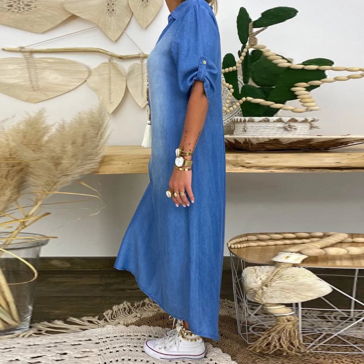 Women's Casual Relaxed-Fit Side-Split Denim V Neck Dress