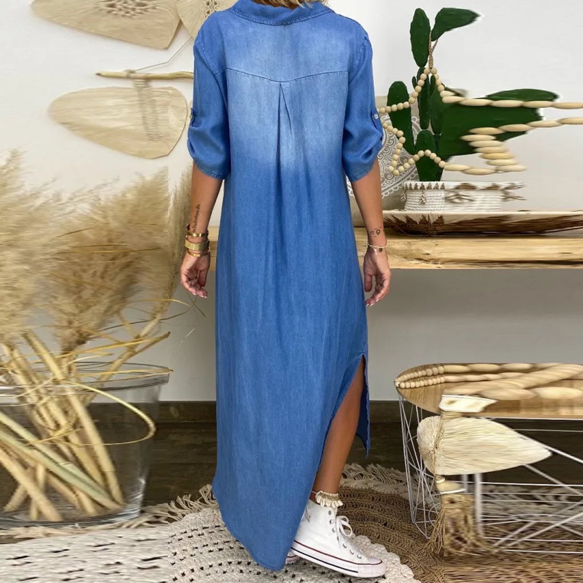 Women's Casual Relaxed-Fit Side-Split Denim V Neck Dress
