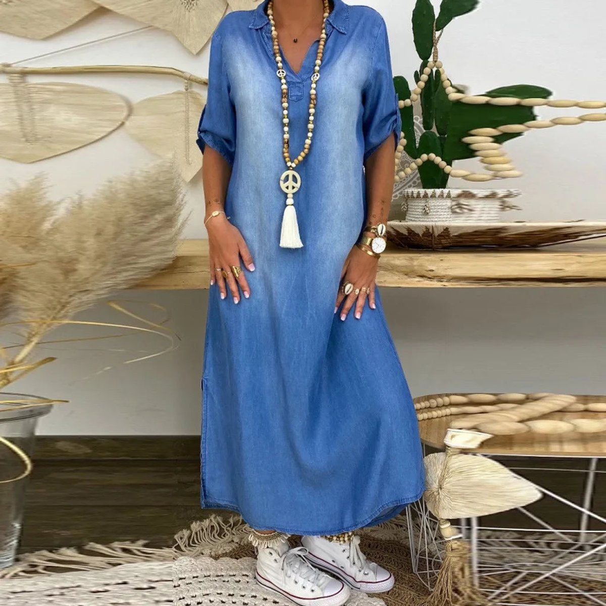 Women's Casual Relaxed-Fit Side-Split Denim V Neck Dress