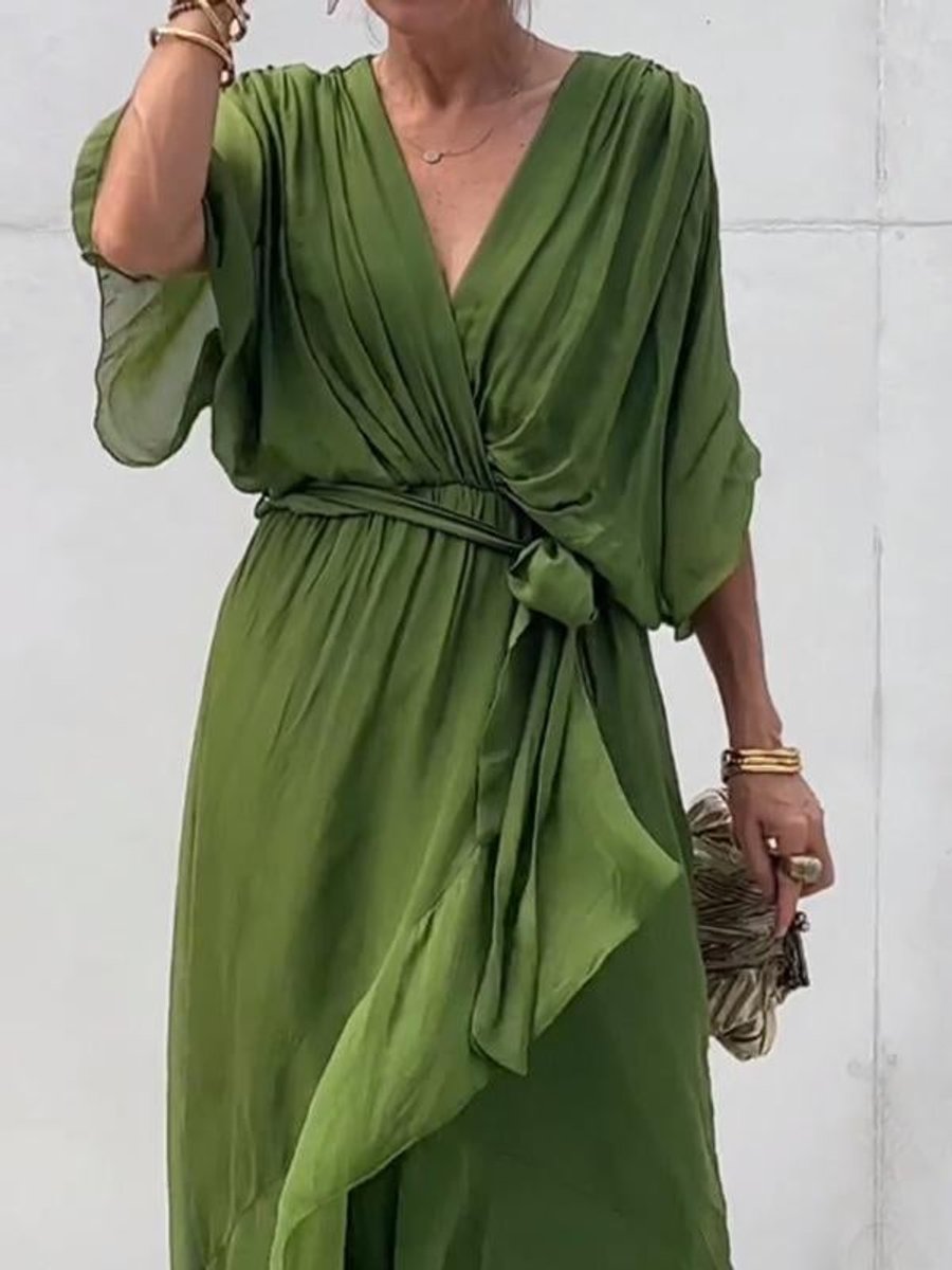 Women's Chiffon Belted Deep V Neck Dress Flowy Midi