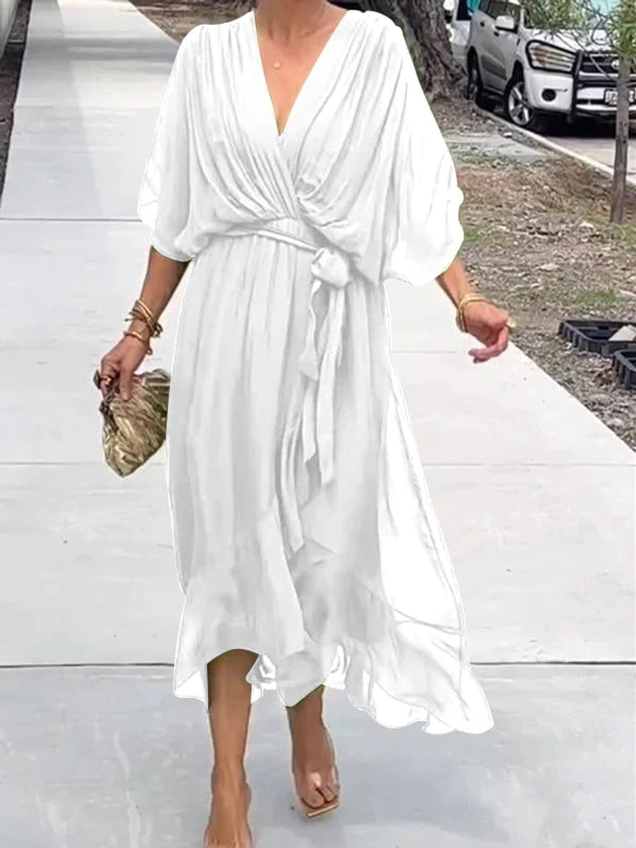Women's Chiffon Belted Deep V Neck Dress Flowy Midi - White