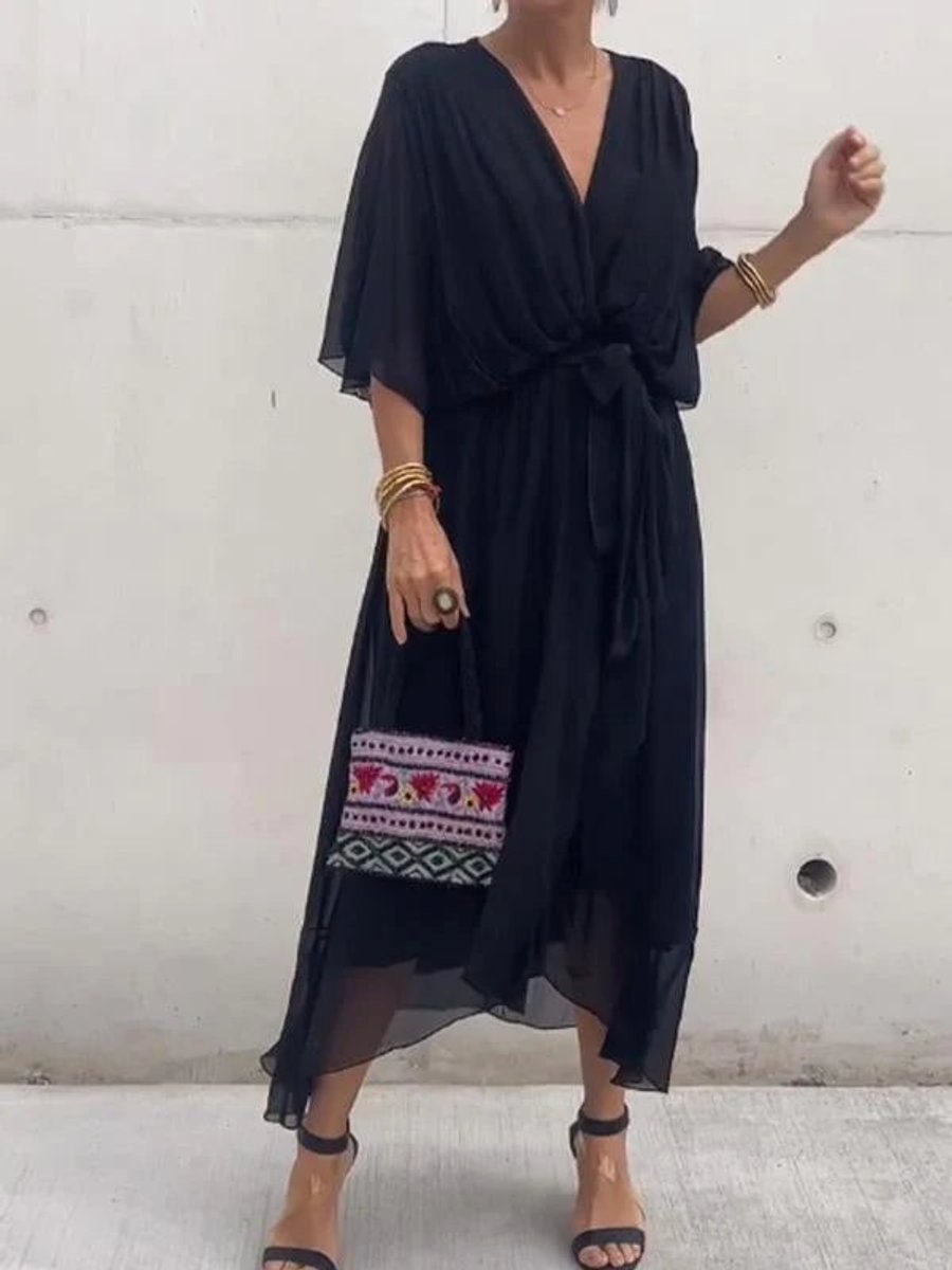 Women's Chiffon Belted Deep V Neck Dress Flowy Midi - Black
