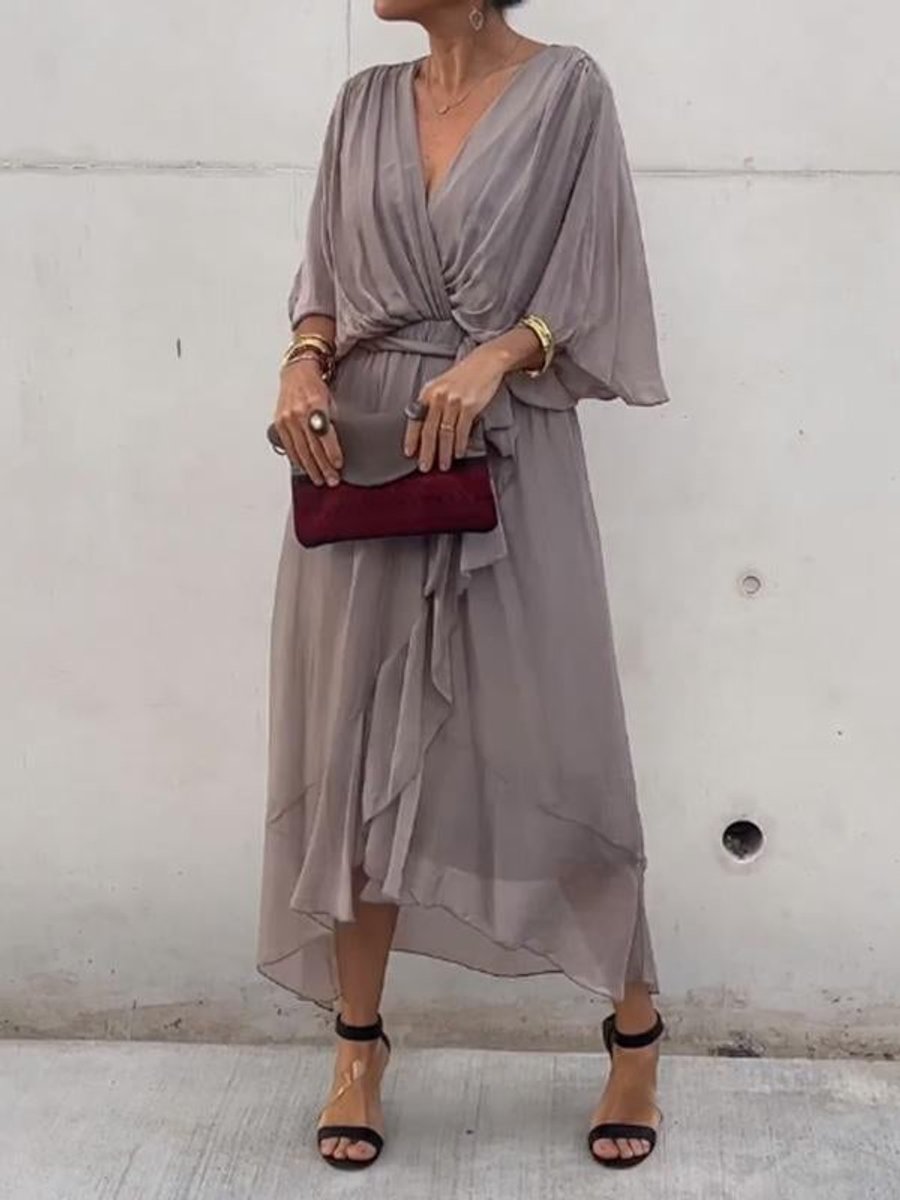 Women's Chiffon Belted Deep V Neck Dress Flowy Midi - Grey