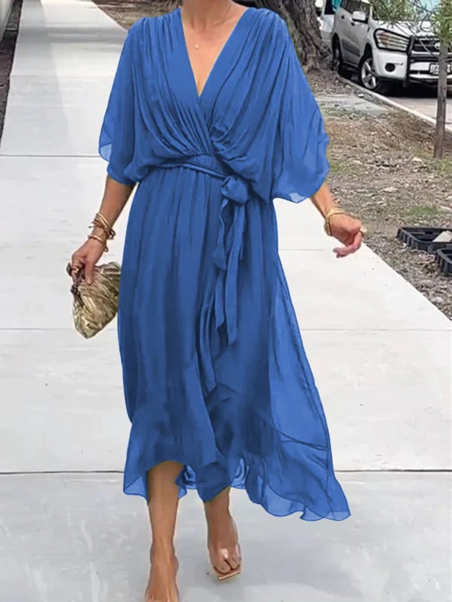 Women's Chiffon Belted Deep V Neck Dress Flowy Midi - Blue