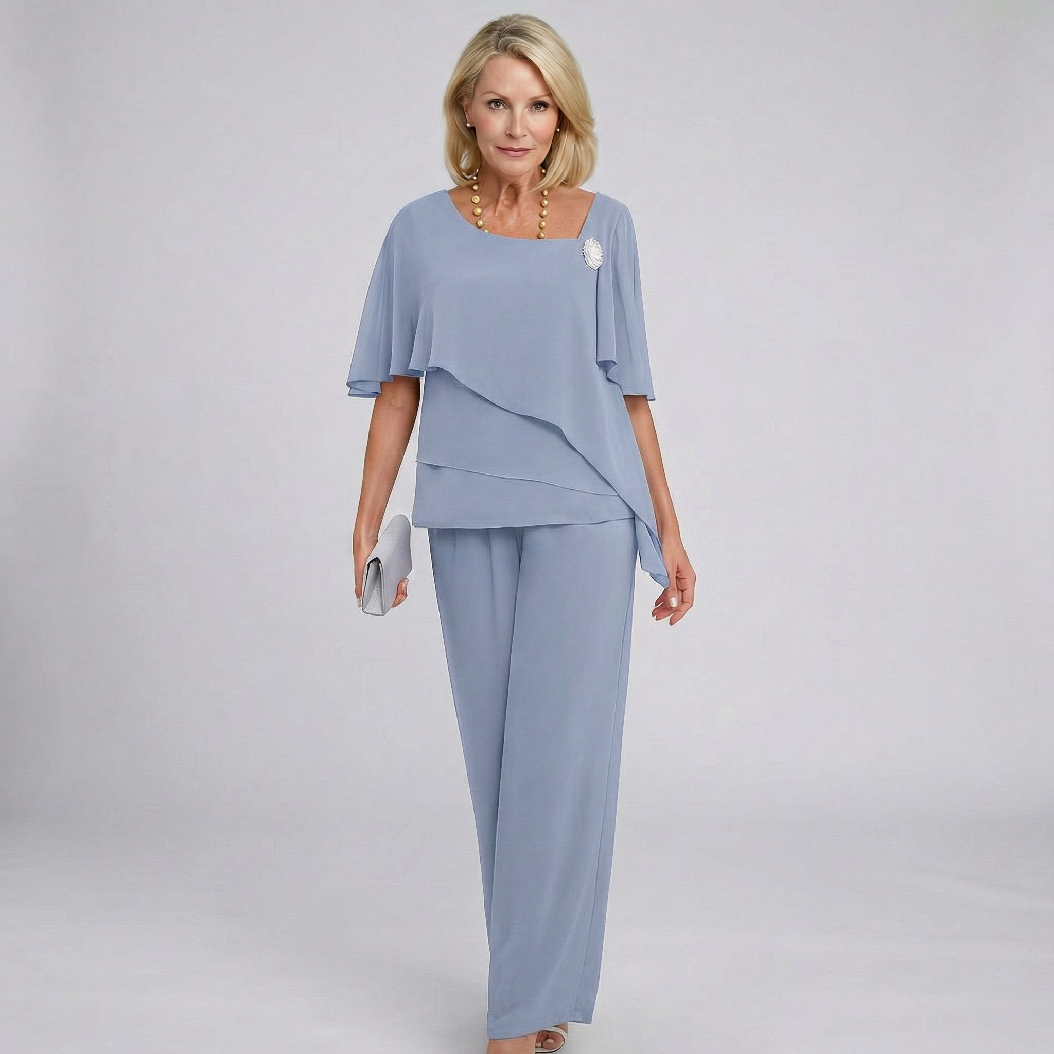 Women's Chiffon Cape Sleeve Wide Leg Two-Piece Set - Grey-Blue