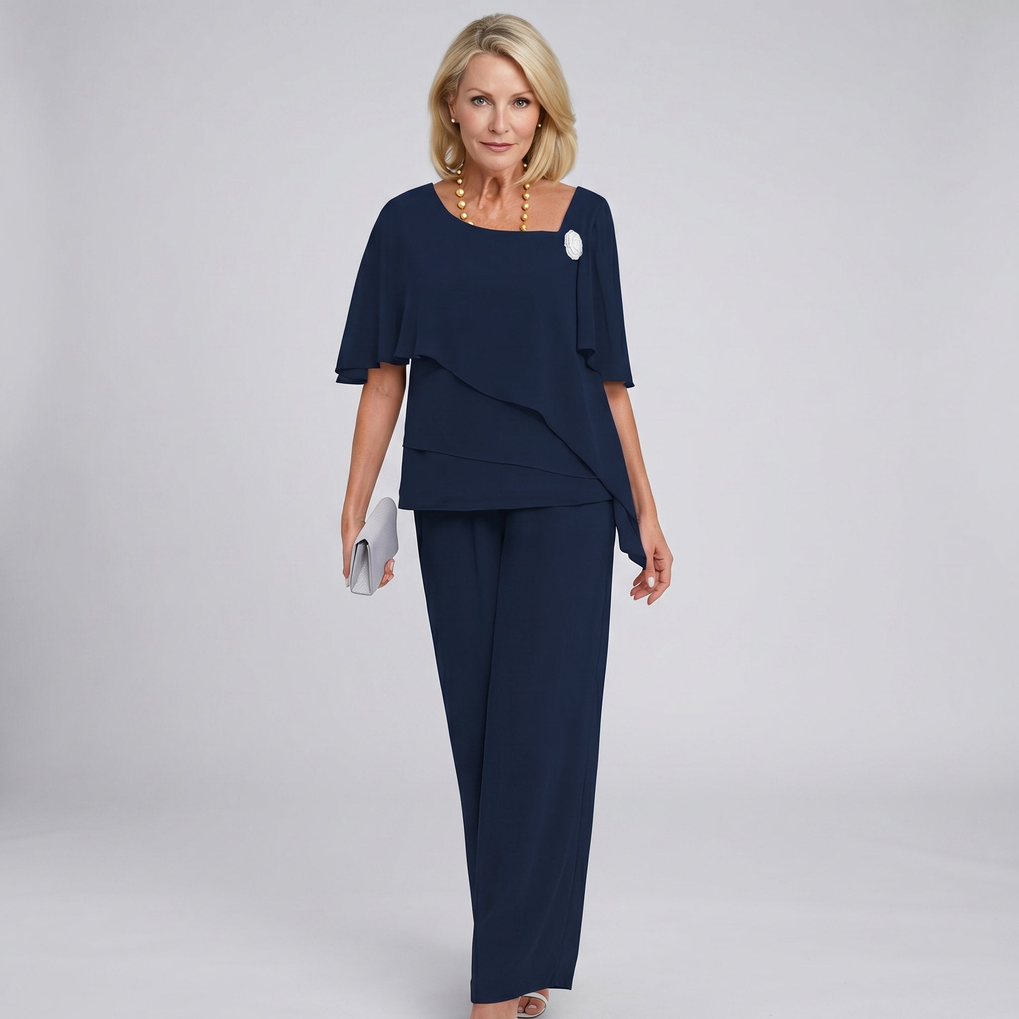 Women's Chiffon Cape Sleeve Wide Leg Two-Piece Set - Navy Blue