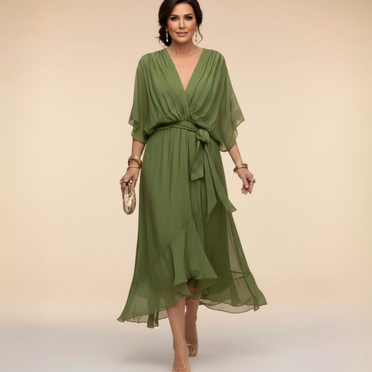 Women's Chiffon V-Neck Wedding Guest Dress Flowy Midi - Green