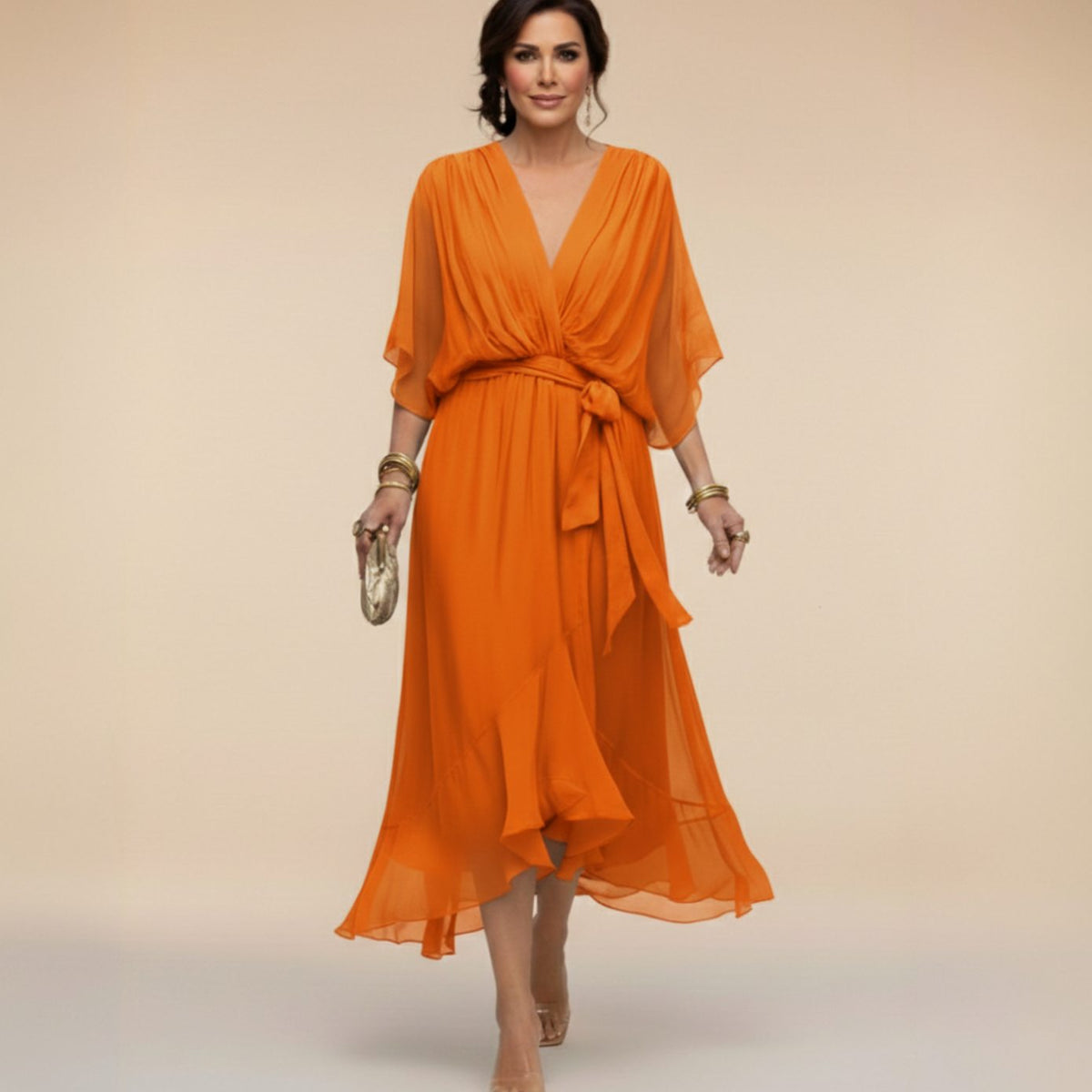 Women's Chiffon V-Neck Wedding Guest Dress Flowy Midi - Orange