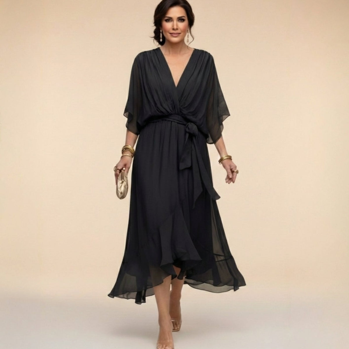 Women's Chiffon V-Neck Wedding Guest Dress Flowy Midi - Black