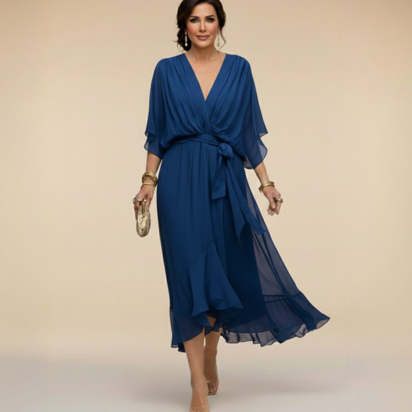 Women's Chiffon V-Neck Wedding Guest Dress Flowy Midi - Blue