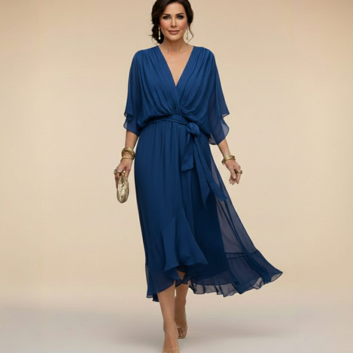 Women's Chiffon V-Neck Wedding Guest Dress Flowy Midi - Blue