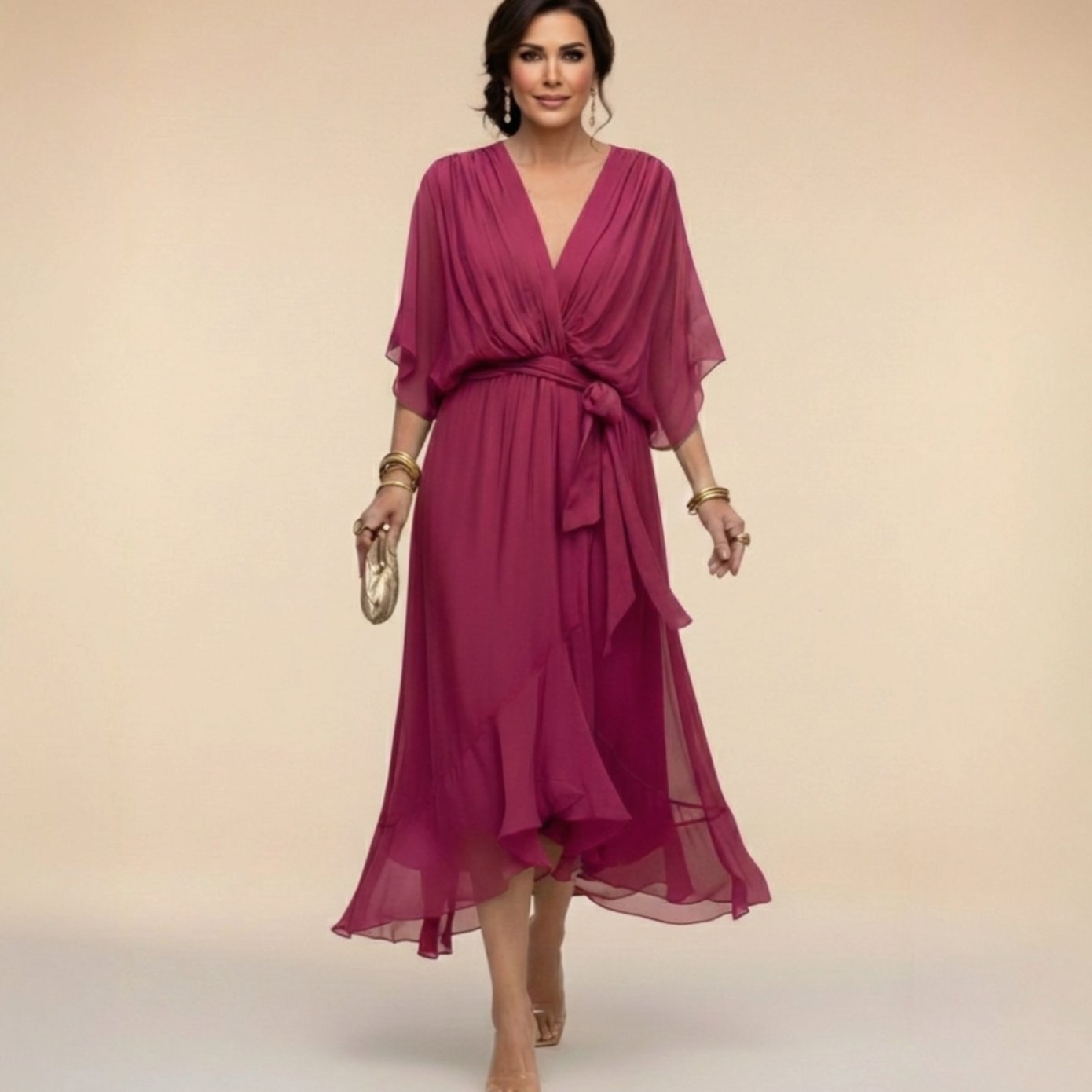 Women's Chiffon V-Neck Wedding Guest Dress Flowy Midi - Dark Purple