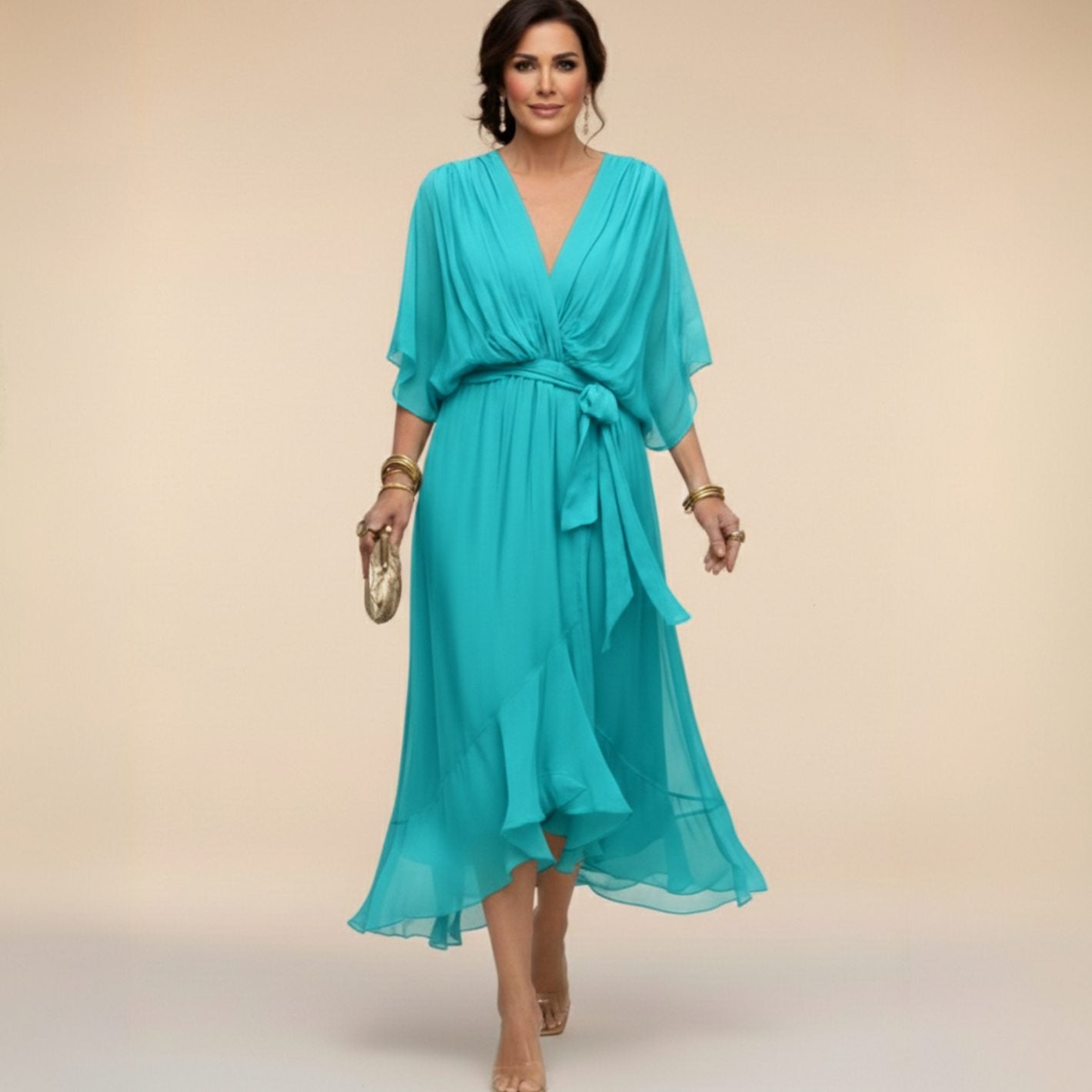 Women's Chiffon V-Neck Wedding Guest Dress Flowy Midi - Navy Blue