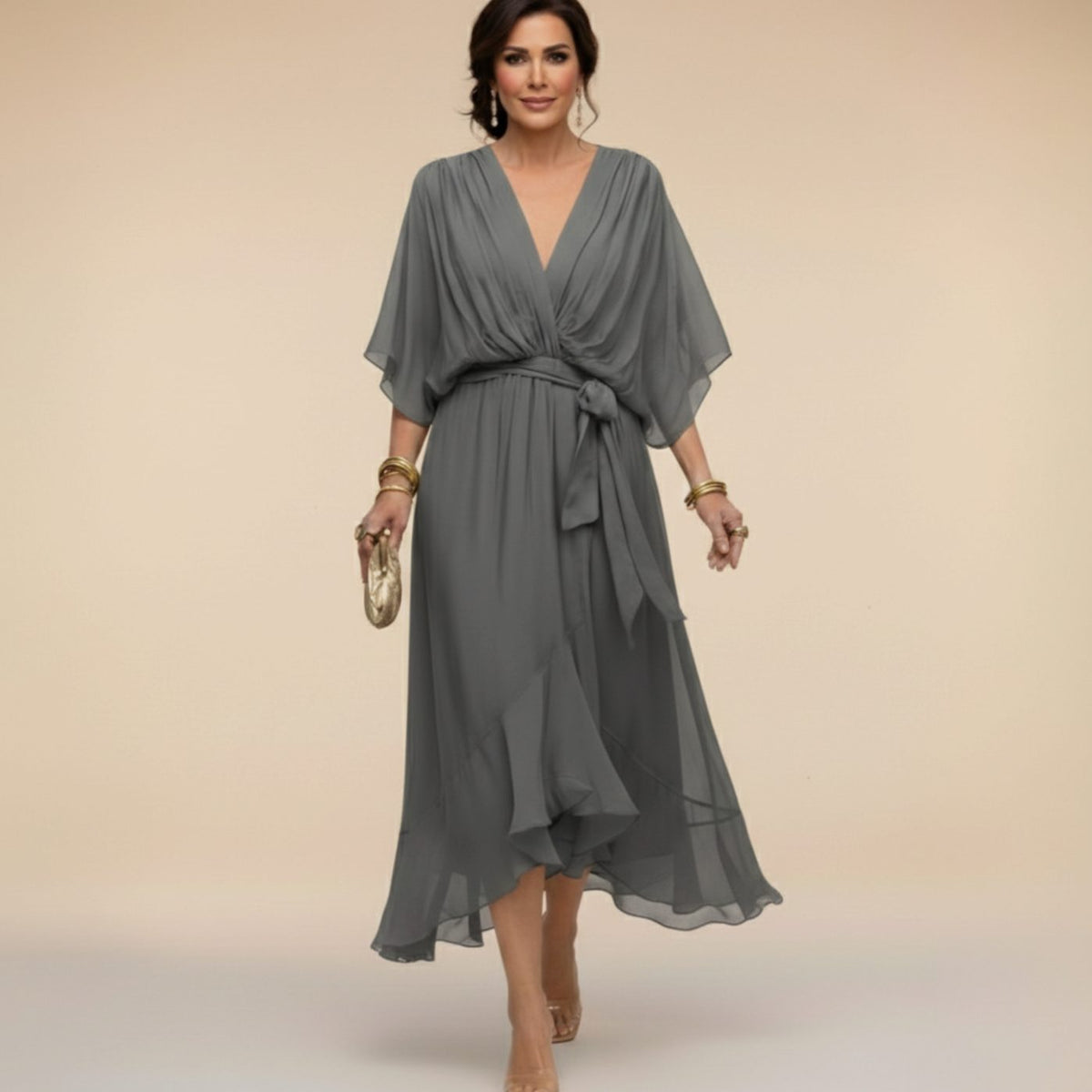 Women's Chiffon V-Neck Wedding Guest Dress Flowy Midi - Gray