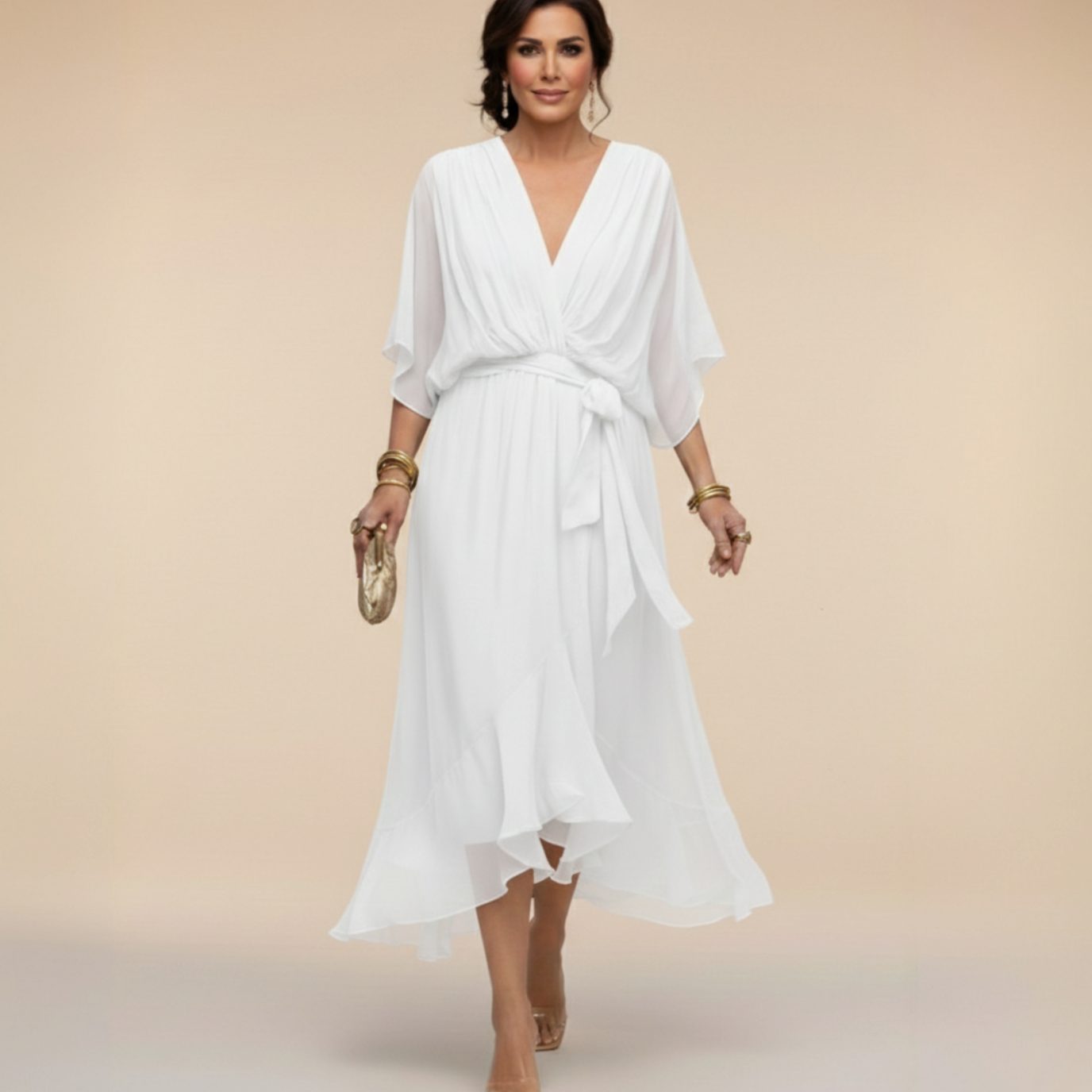 Women's Chiffon V-Neck Wedding Guest Dress Flowy Midi - White