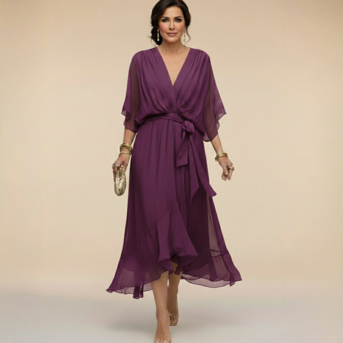 Women's Chiffon V-Neck Wedding Guest Dress Flowy Midi - Purple