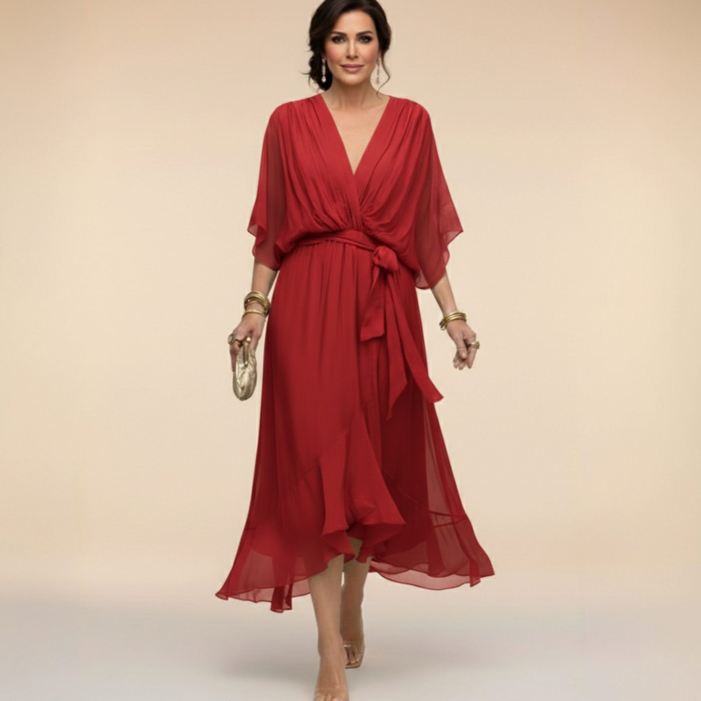 Women's Chiffon V-Neck Wedding Guest Dress Flowy Midi - Red