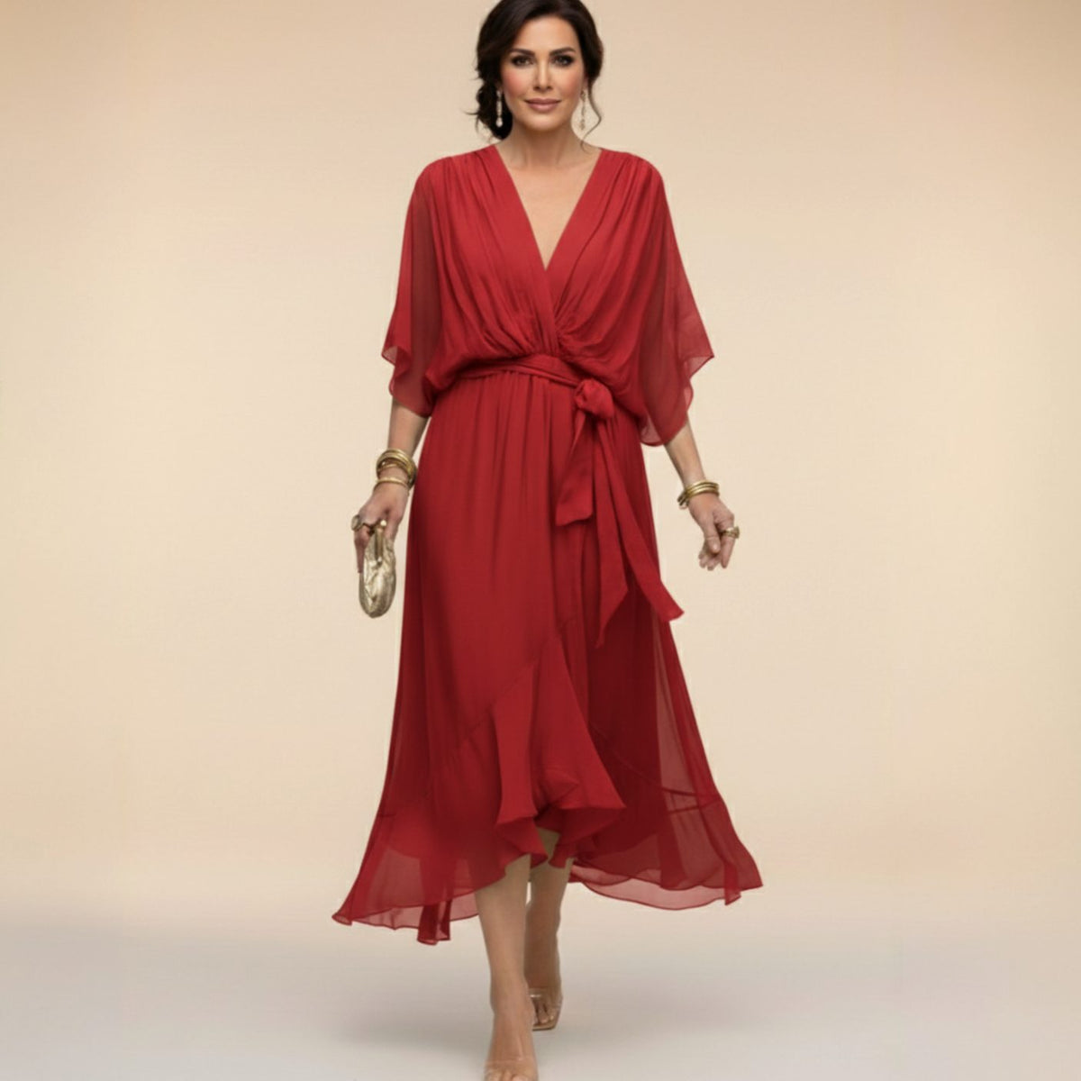 Women's Chiffon V-Neck Wedding Guest Dress Flowy Midi - Red