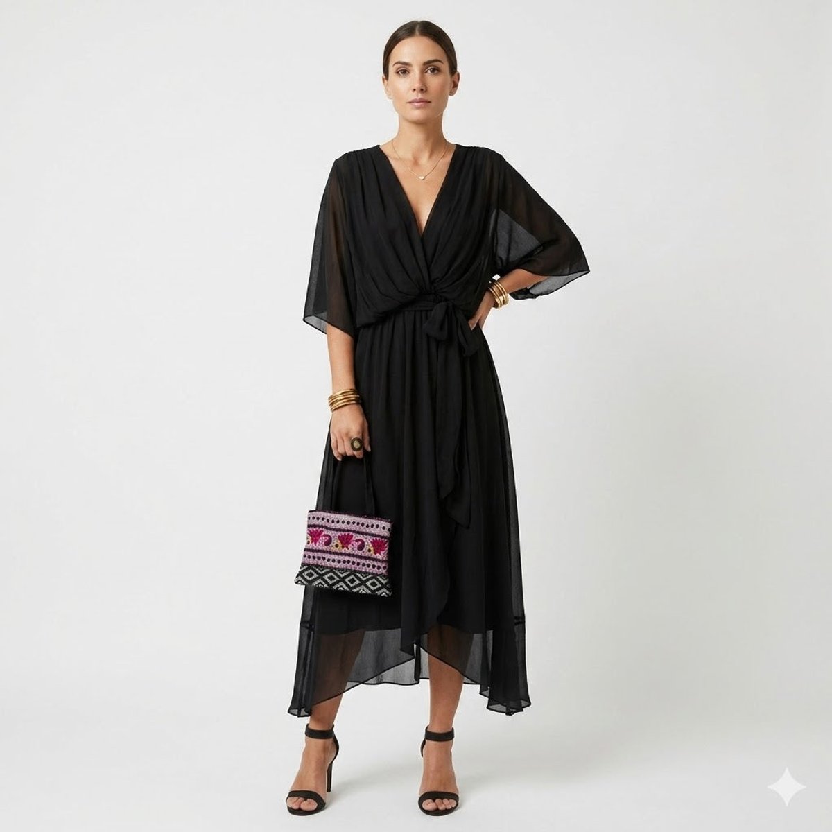 Women's Chiffon Wrap Summer Dress Midi Flowy V-Neck - Black