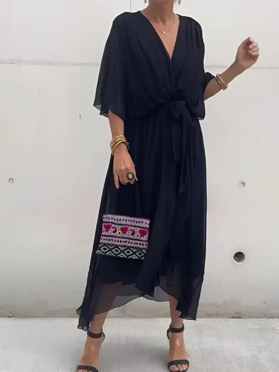 Women's Chiffon Wrap Summer Dress Midi Flowy V-Neck
