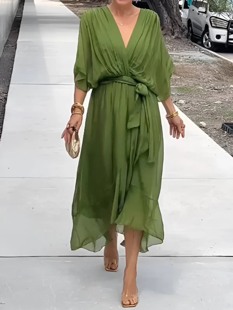 Women's Chiffon Wrap Summer Dress Midi Flowy V-Neck - Green